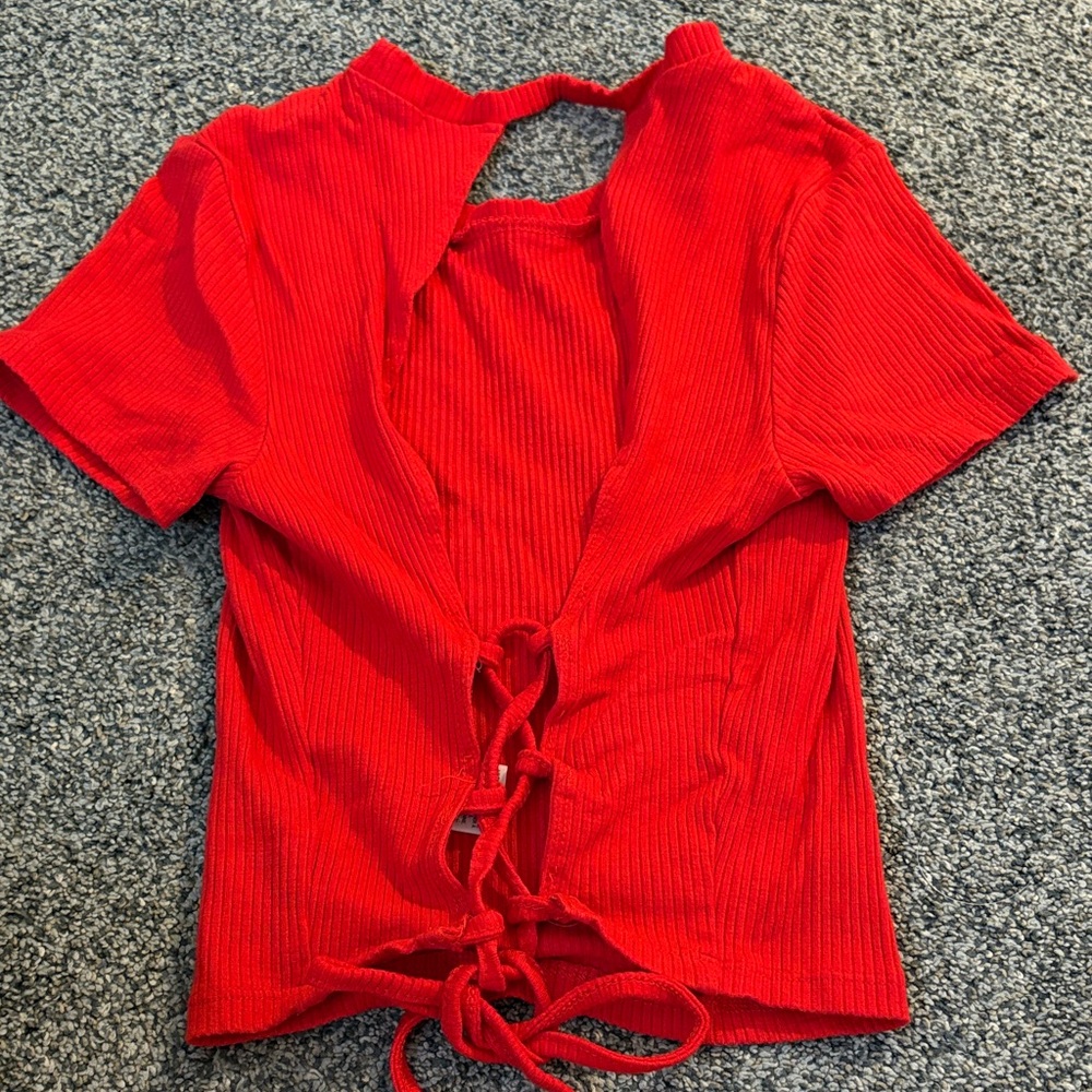 Red Lace-Up Ribbed Top open tied back